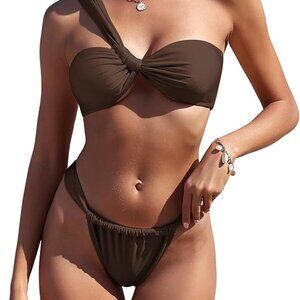 NWT Women's One Shoulder Bikini Twisted Ruched High Cut Bandeau Bikini Set SZ XL